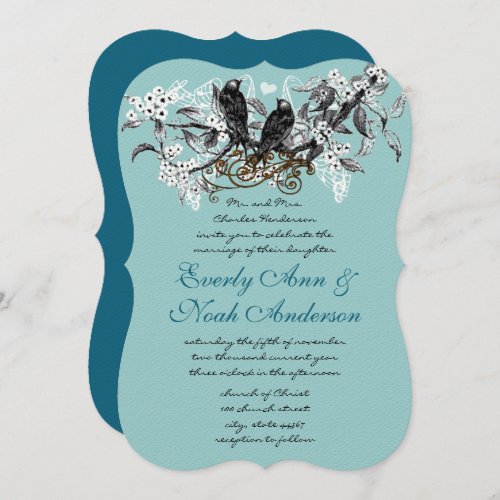 Vintage Love Birds Blue Branch Wedding Invitation