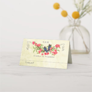 Vintage Love Birds Blue Pink Coral Green Wedding P Place Card