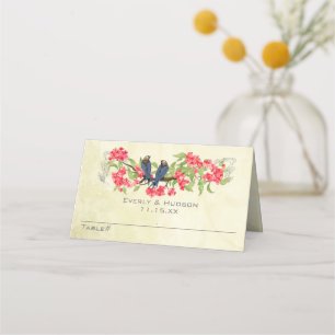 Vintage Love Birds Blue Pink Coral Green Wedding Place Card