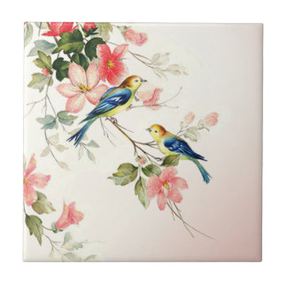 Vintage Love Birds | blush pink white Ceramic Tile