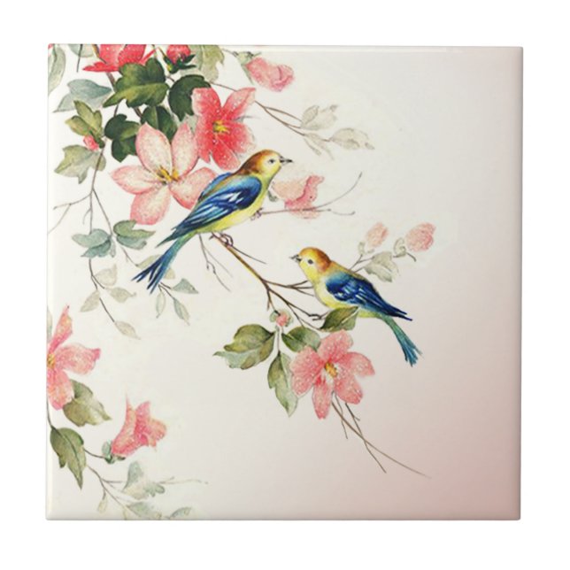Vintage Love Birds | blush pink white Ceramic Tile (Front)