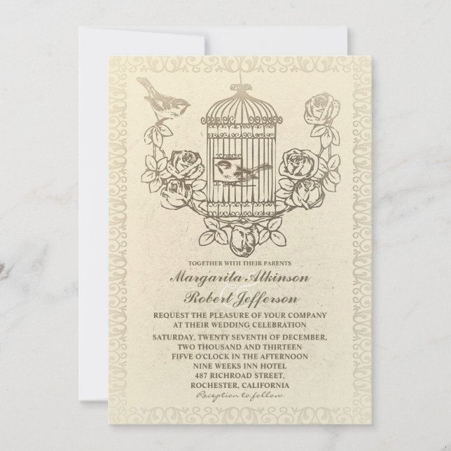 vintage love birds cage wedding invitations (Front)