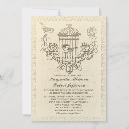 vintage love birds cage wedding invitations