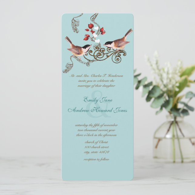 Vintage Love Birds Chickadees Wedding Invitation (Standing Front)