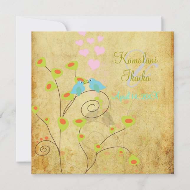 Vintage Love birds, faux parchment background.. Invitation (Front)