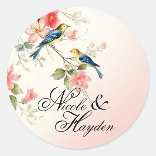 Vintage Love Birds Favor  blush pink white Classic Round Sticker