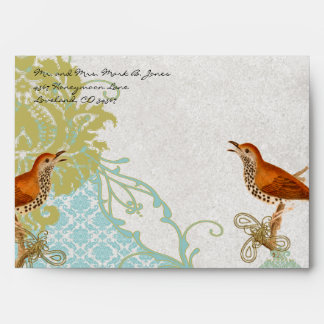 Vintage Love Birds Lagoon Damask Envelopes