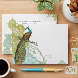 Vintage Love Birds Lagoon Damask Envelopes
