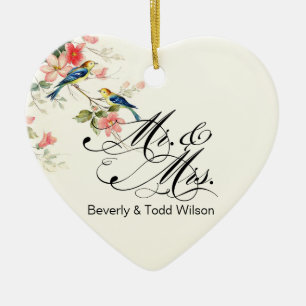 Vintage Love Birds Mr. & Mrs. white PHOTO Ceramic Ornament