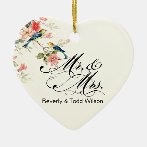 Vintage Love Birds Mr  Mrs  white PHOTO Ceramic Ornament