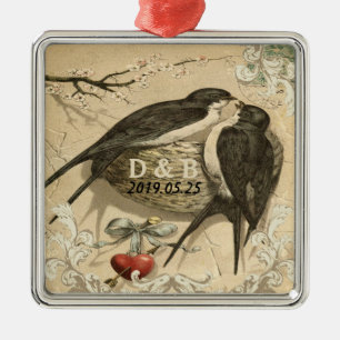Vintage Love Birds Nest French Decor Wedding Date Metal Ornament