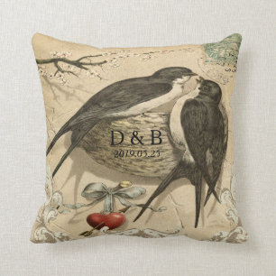 Vintage Love Birds Nest French Decor Wedding Date Throw Pillow