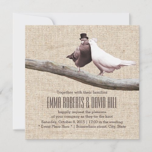 Vintage Love Birds on Branch Burlap Wedding 5.25x5.25 Square Paper Invitation Card