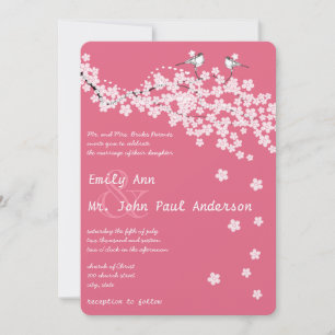 Vintage Love Birds Pink Cherry Blossom Weddings Invitation