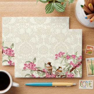 Vintage Love Birds Pink Flower Branch Envelopes