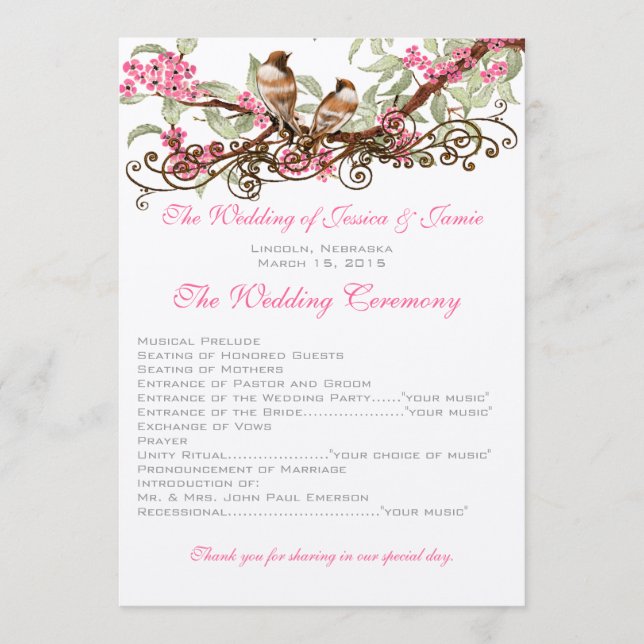 Vintage Love Birds Pink Flowers Wedding  Program (Front)
