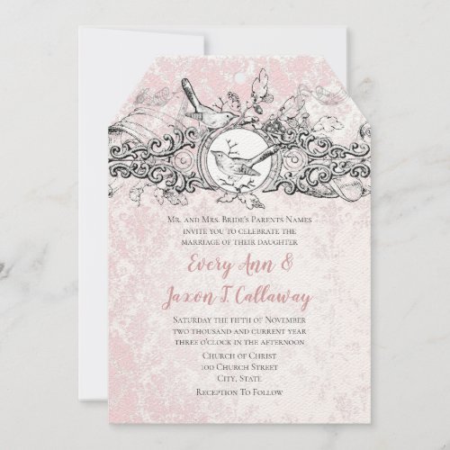 Vintage Love Birds Pink Oak Leaf Scroll Wedding Invitation