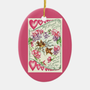Vintage Love Birds Pink Valentine's Day  Ceramic Ornament