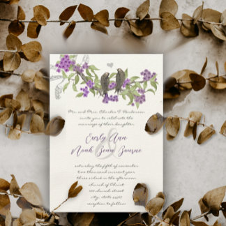 Vintage Love Birds Purple Blooms Wedding Invitation