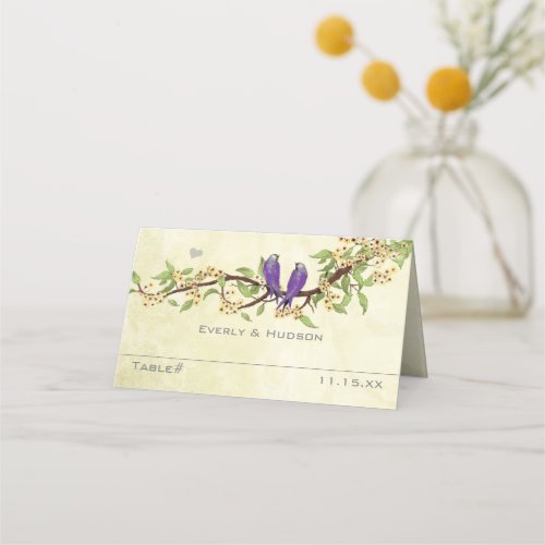 Vintage Love Birds Purple Yellow Green Wedding Place Card