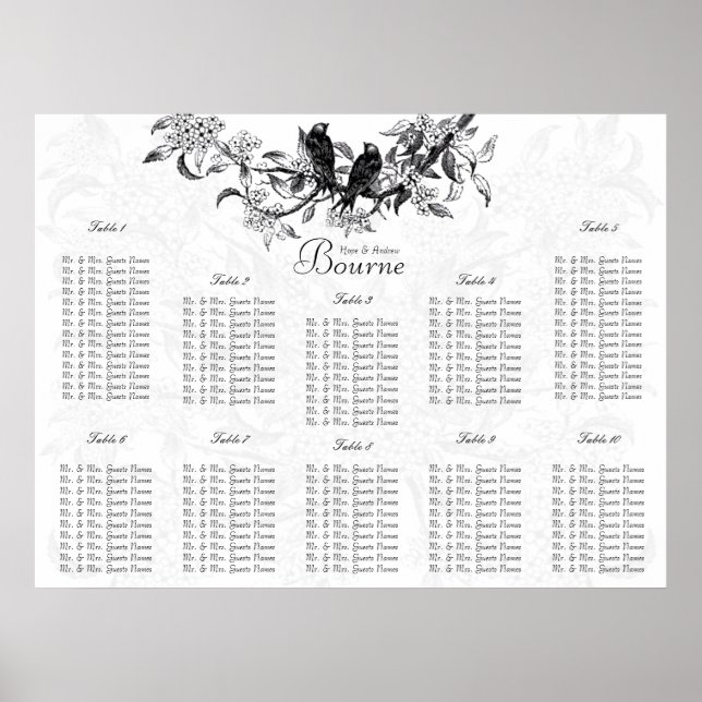 Vintage Love Birds Wedding Guest Seating Chart (Front)