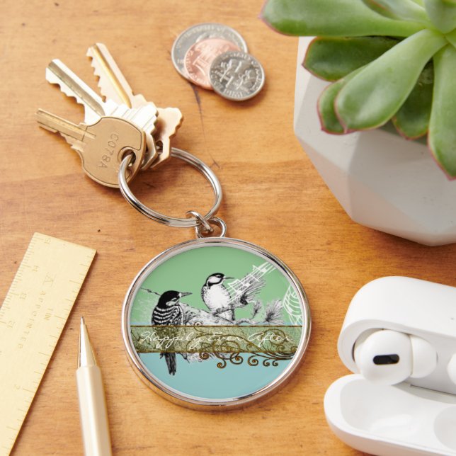 Vintage Love Birds Wedding Invitation Keychain (Desk)