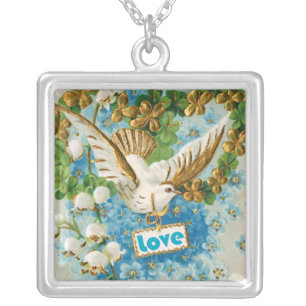 Vintage Love dove blue white flowers necklace