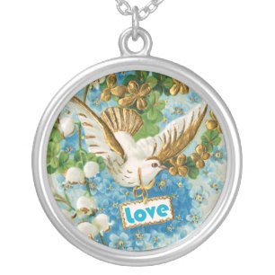 Vintage Love dove blue white flowers necklace