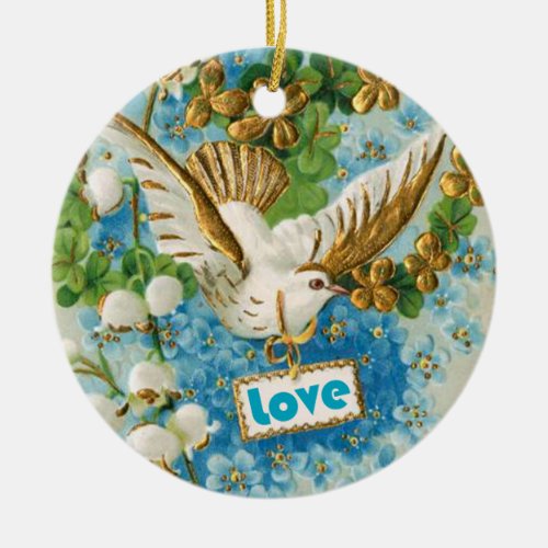 Vintage Love dove blue white flowers ornament