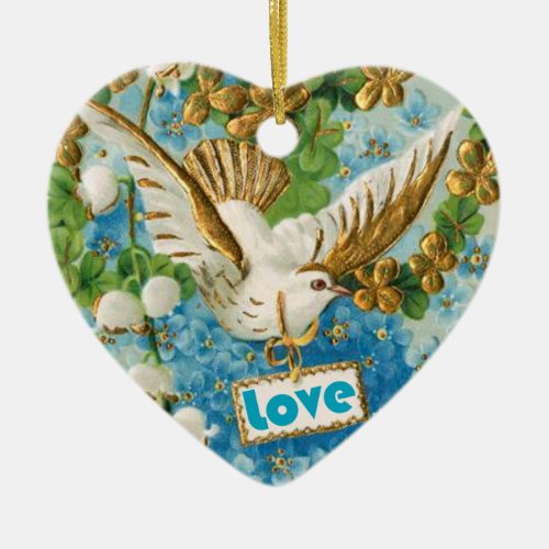 Vintage Love dove blue white flowers ornament