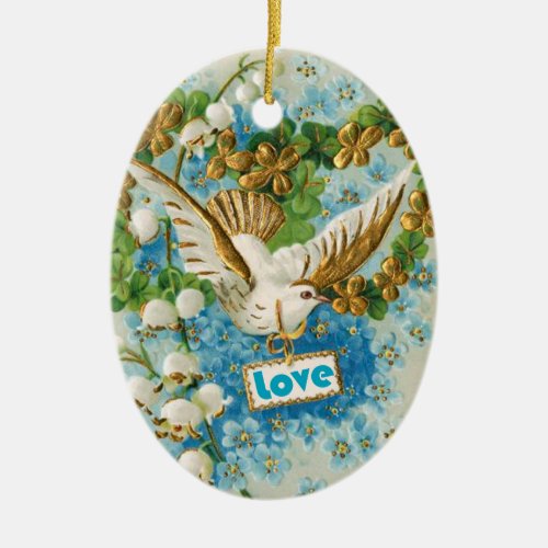 Vintage Love dove blue white flowers ornament