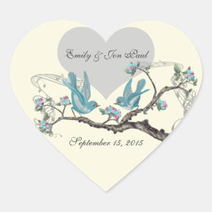 Vintage Love Hot Pink Aqua Birds Wedding Stickers