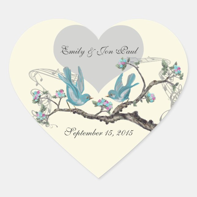 Vintage Love Hot Pink Aqua  Birds Wedding Stickers (Front)