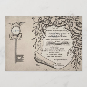 Vintage Love Key and Turtle Doves Wedding #V0 Invitation