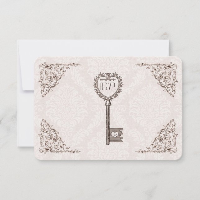 Vintage Love Key Wedding RSVP Card (Front)