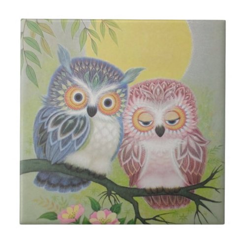 Vintage Love Owls Ceramic Tile