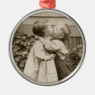 Vintage Love Photo of Children Kissing in a Garden Metal Ornament