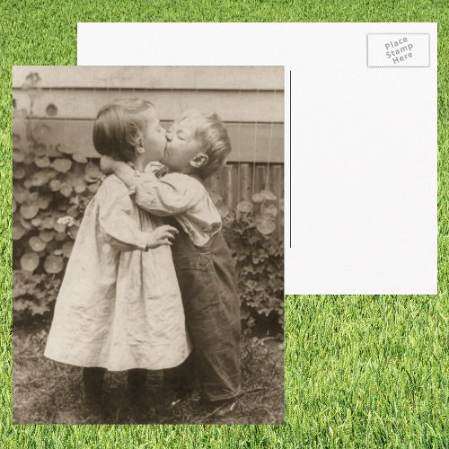 Vintage Love Photo of Children Kissing in a Garden Postcard