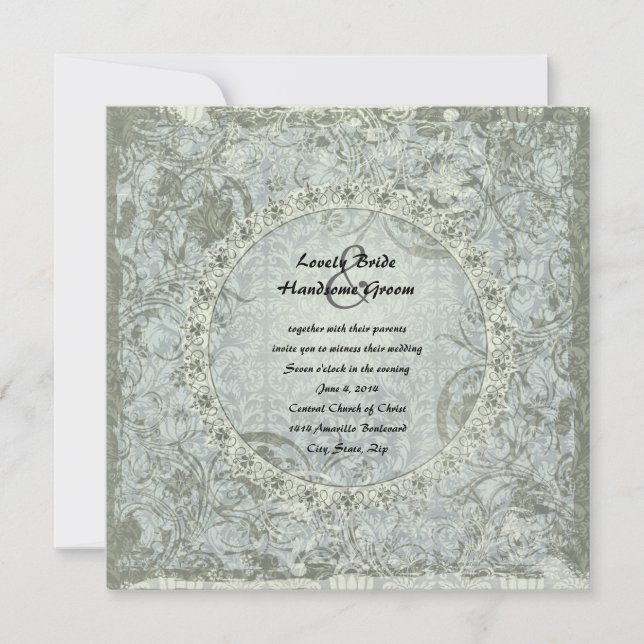 Vintage Love Poem Blue Gray Damask Wedding Invite (Front)