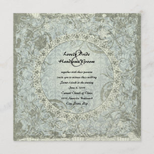 Vintage Love Poem Blue Gray Damask Wedding Invite