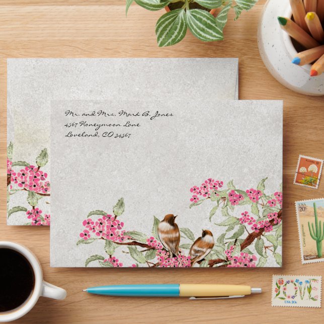 Vintage Lovebird Pink Flower Branch Envelopes (Desk)