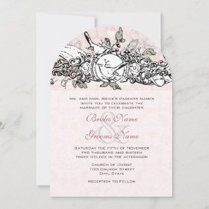 Vintage Lovebird Pink Musical Scroll Wedding Invitation