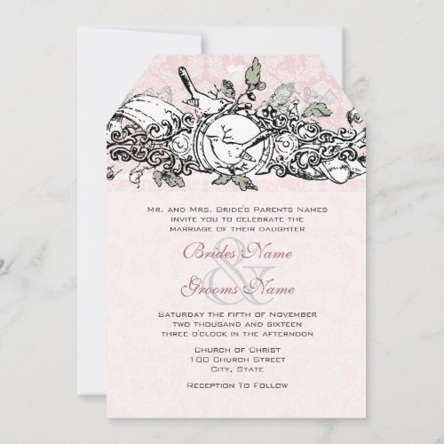 Vintage Lovebird Pink Musical Scroll Wedding Invitation