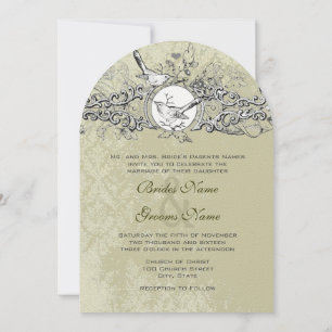 Vintage Lovebird Sage Green Musical Scroll Wedding Invitation