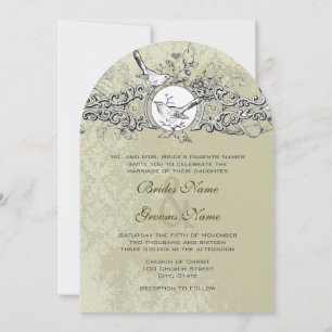 Vintage Lovebird Sage Green Musical Scroll Wedding Invitation
