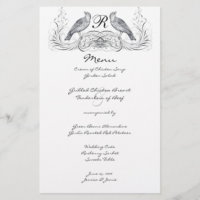 Vintage Lovebird Wedding Menu (Front)