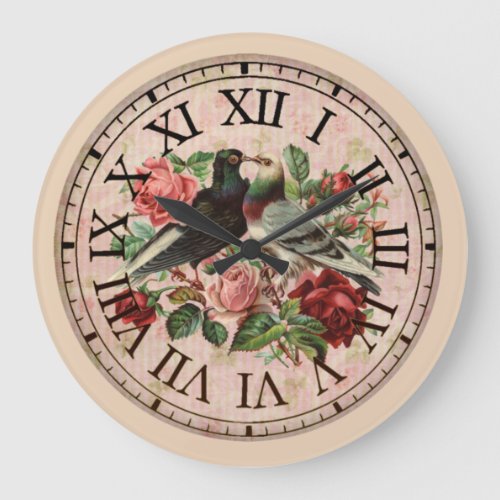 Vintage Lovebirds and Roses Large Clock