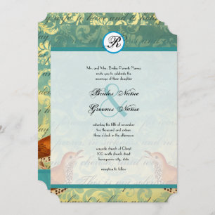 Vintage Lovebirds Lagoon Endive Wedding Invitation