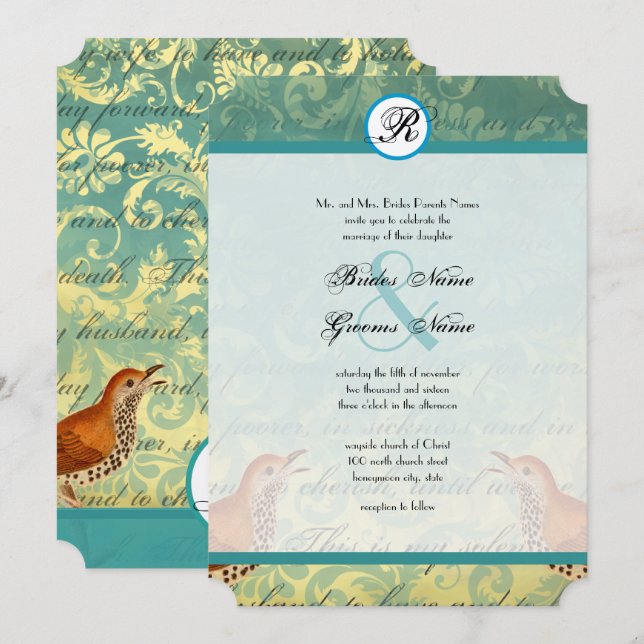Vintage Lovebirds Lagoon Endive Wedding Invitation (Front/Back)