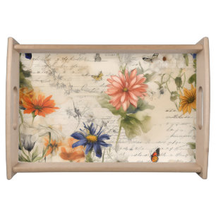 Vintage Loveletter Flowers Antique Butterflies Serving Tray